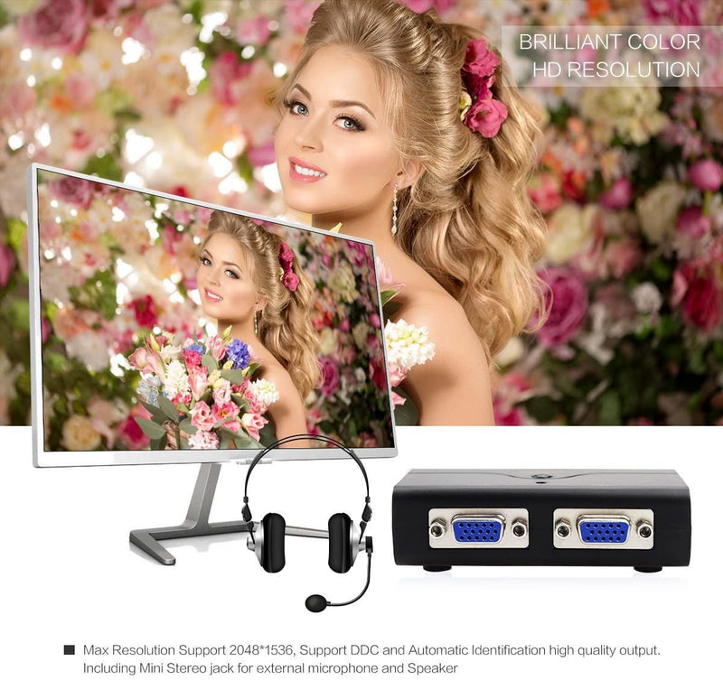 2 Port USB 2.0 VGA KVM Switch Up to 2048x1536 Resolution with USB Hub and Audio for PC or Monitor Switching 21UA
