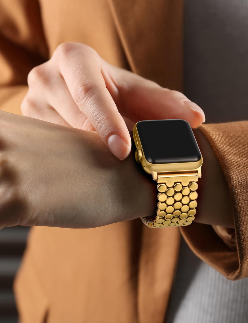 Minyee 2 Packs Compatible with Apple Watch Band 42/46/41/40/38/44/45/49mm Women, Dressy Slim Thin Celtic Knot Leather Strap & Dressy Honeycomb Metal Gold Silver Link Bracelet