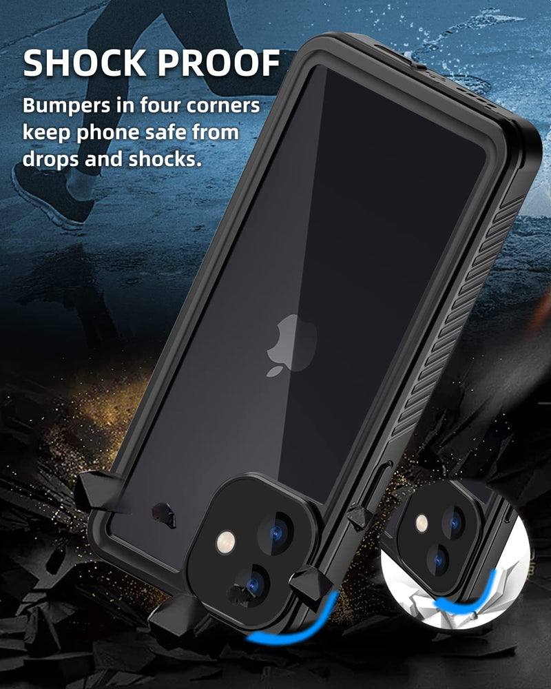 WIFORT for iPhone 12 Mini Waterproof Case Built-in Screen Protector Water Resistant Cover Protective Drop Protection Hard, Shockproof Full Body Defender Tough Military Grade - 5.4" Black