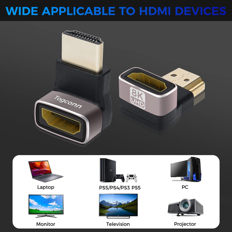 8K HDMI 2.1 Adapter 90 Degree and 270 Degree Gold Plated Adapter 2 Pack, Right Angle HDMI Male to Female Connector Converter HDMI L Shape Extender, Supports 8K@60Hz，4K@120Hz，4K@60Hz，4K@30Hz 90° HDMI Male to Female