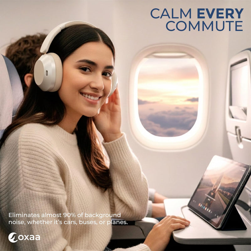 Headphones Wireless Headset with Deep Bass, 43dB Active Noise Cancelling Headphones for Adults, Wireless Headphones with 70H Battery, Fast Charging, Low-Latency Audio, Over-Ear Design (Beige)