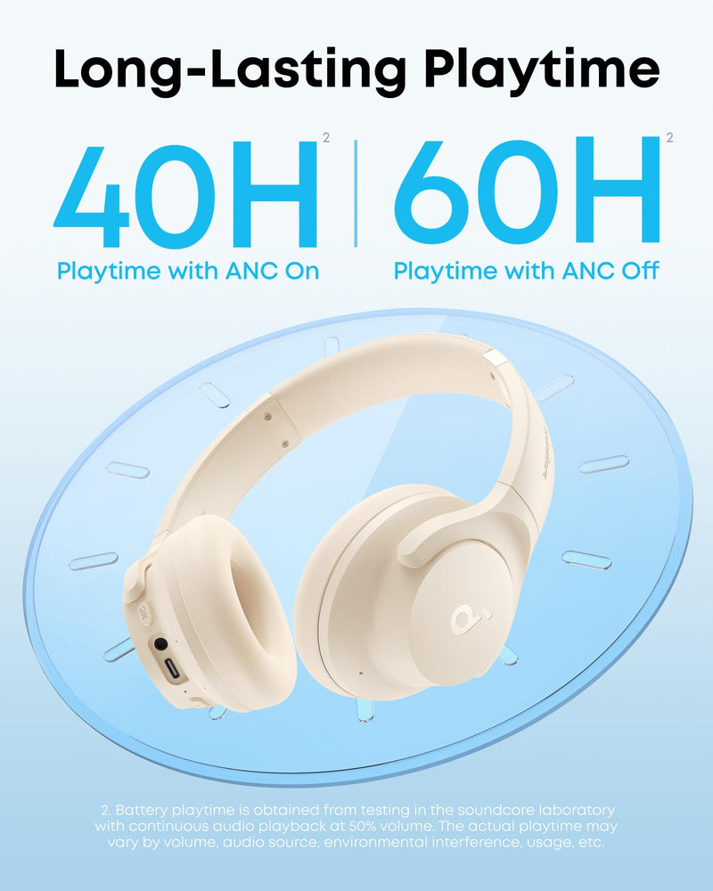 Soundcore by Anker Q20i Hybrid Active Noise Cancelling Headphones, White | Over-Ear, Bluetooth, 40H ANC Playtime, Hi-Res Audio, Big Bass, Transparency Mode, Customize via App, Travel, Home, Office Almond White Standard Modern