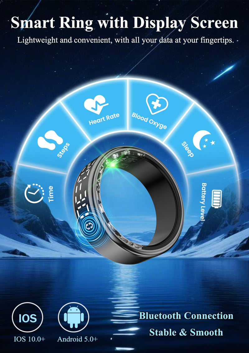Smart Ring with LED Display，Fitness Tracker Ring, IP68 Waterproof Health Tracker Ring, Blood Oxygen & Heart Rate Monitor, Long Lasting Battery Sleep Ring for Women & Men Black 13