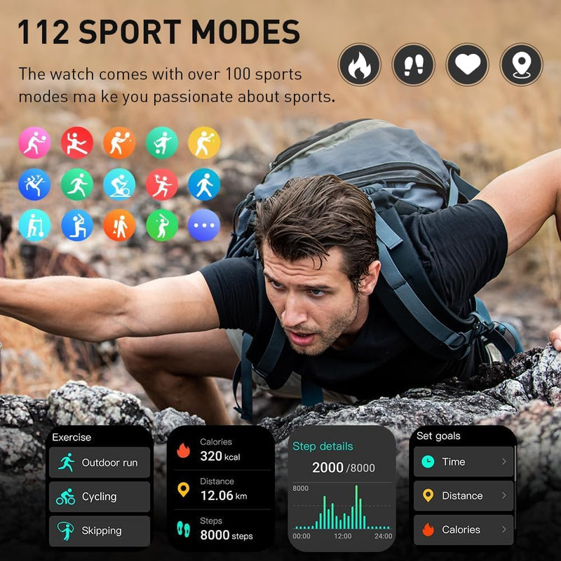 Smart Watch(Answer/Make Call), 1.96" HD Smartwatch for Men Women, 2026 Fitness Watch with 7/24 Heart Rate/Sleep Monitor/30+Day,113+ Sport Modes,IP68 Waterproof Fitness Activity Tracker for Android iOS A-Black