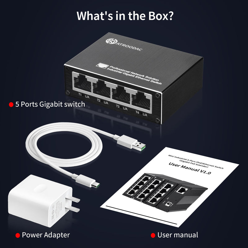 Mini 5-Port Gigabit Ethernet Switch, USB-C Powered, Plug & Play | 10/100/1000 Mbps Unmanaged Network Switch, Compact Network Hub, Desktop, Aluminum Case, Fanless for Home, Office and Travel