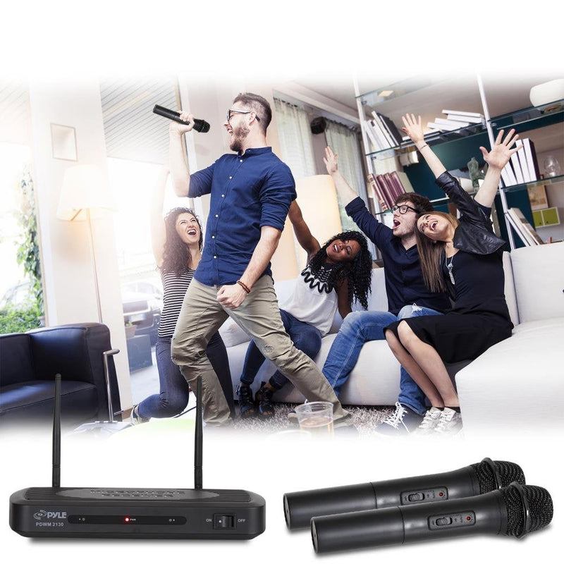 Pyle Dual Channel Wireless Microphone System - Dual Frequency Wireless Mic Receiver Set with 2 Handheld Dynamic Transmitter Mics, Receiver Base - PA, Karaoke, Dj Party - PDWM2130