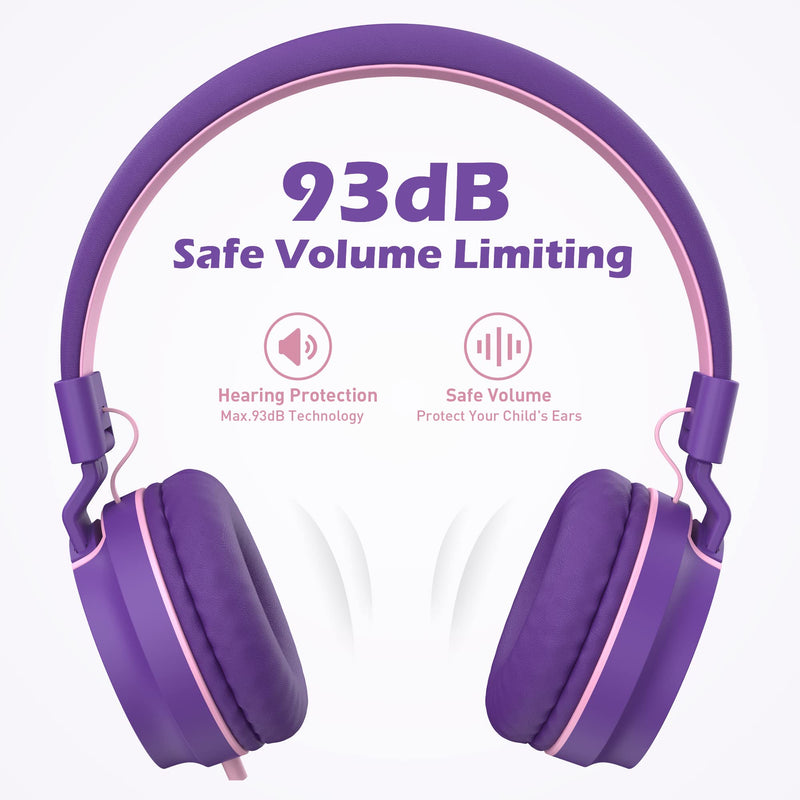 Kids Headphones, AILIHEN I35 On-Ear Headphones for School, Safe Volume 93dB, HD Mic Stereo Headphone for Kid Girls Children, Foldable Wired 3.5mm for Chromebook, Laptop, Computer, Tablet (Pink Purple) Pink Purple