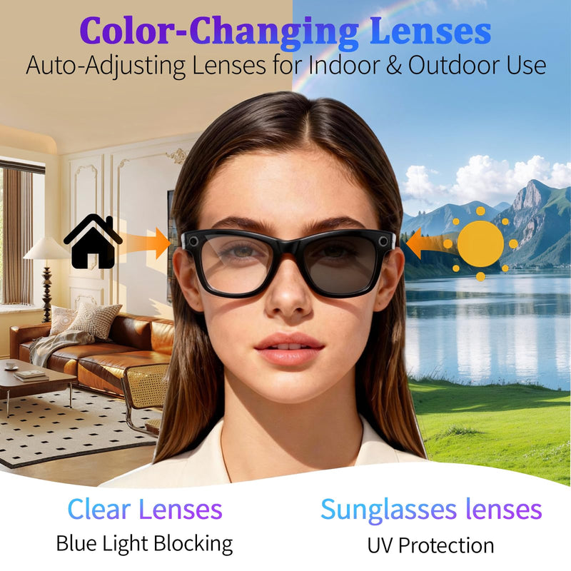 AI Smart Glasses with 8MP Camera, 1080P Video & HD Photo, Bluetooth Audio, AI Voice Assistant, Real-Time Translation, Object Recognition, Noise-Cancel Calls, Photochromic +2 Sunglasses Lenses Black