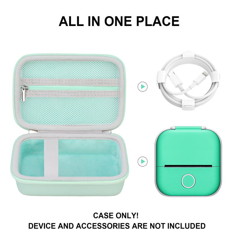 Hard Travel Case for T02 Mini Printer Sticker Printer, Wireless Mini Sticker Printer Machine Storage Holder Protection Case with Zipper Mesh Pocket fit Thermal Paper, Charging Cable, Green