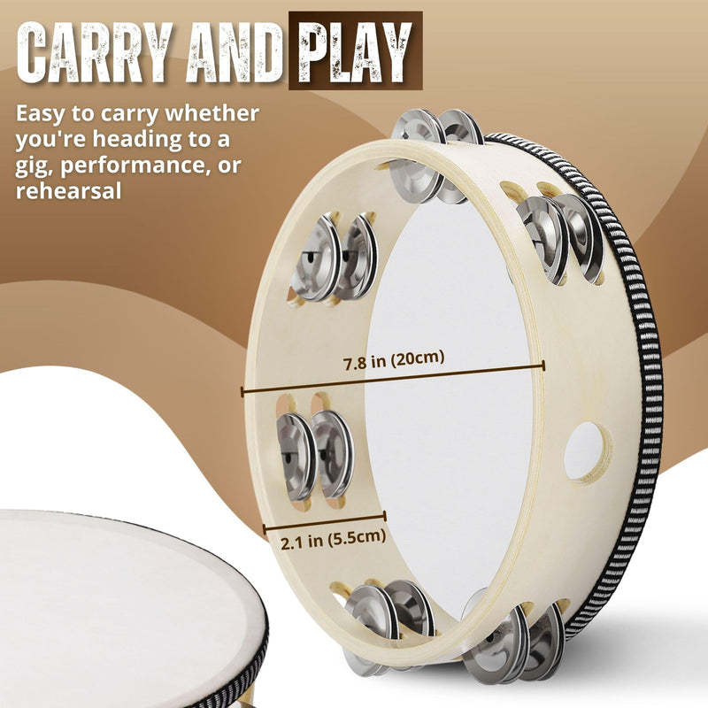 Flexzion Wood Handheld Tambourine for Kids (2 Pack) 8 Inch Double Row 12 Pair Jingles, Hand Held Percussion Drum Moon Musical Instrument with Metal Bell 8 Inch (2 Pack) Double Row - Wood