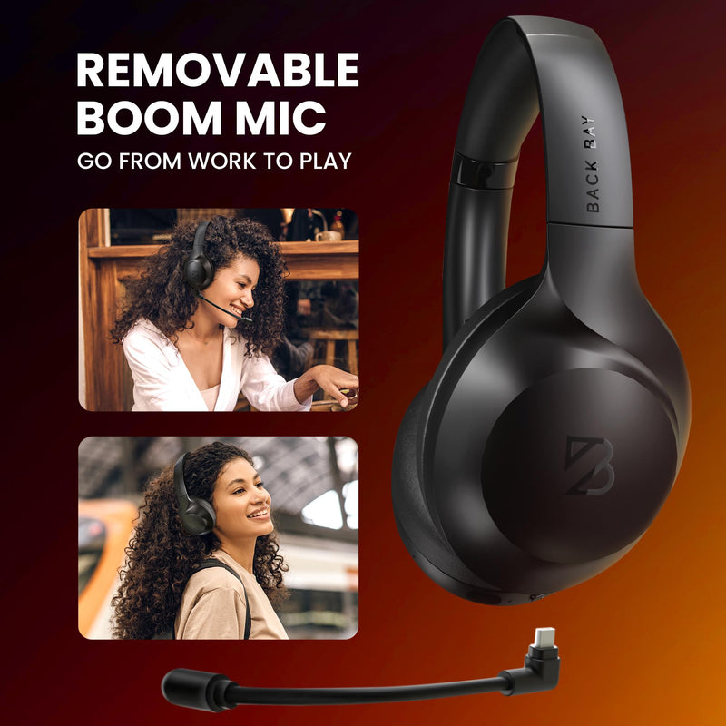 Back Bay Audio ClearCall 70 - Bluetooth Headphones with Microphone + Removable Boom Mic - Work Head Phones Wireless Bluetooth, Over Ear Headphones for Work from Home, Headset for Laptop Black