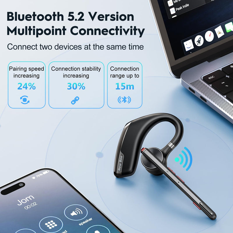 New bee Bluetooth Headset, Wireless Bluetooth Earpiece for Cellphone with 500mah Charging Case 80h Playtime V5.2 Dual Mic Noise Cancelling Hands-Free Earphones for Office Driver Black