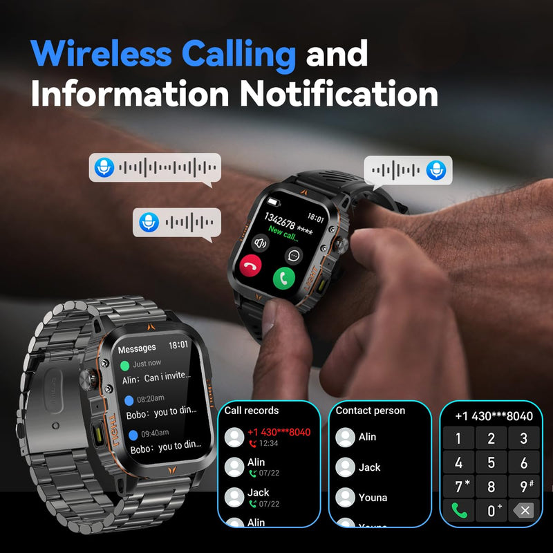 QTLLBT Men's Military Smart Watch 1500mAh Battery 30day IP68 Waterproof Suitable for Swimming Answer/Make Call Function Outdoor Tactical Smart Fitness Watch Heart Rate for Android & iOS Black Steelstrap