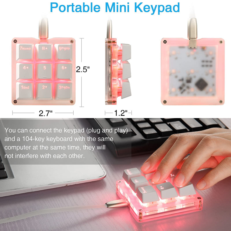 Koolertron One Handed Macro Mechanical Keyboard, RGB LED Backlit Portable Mini One-Handed Mechanical Gaming Keypad OSU! Keyboard 9 Fully Programmable Keys White/Red Switches/Pink LED