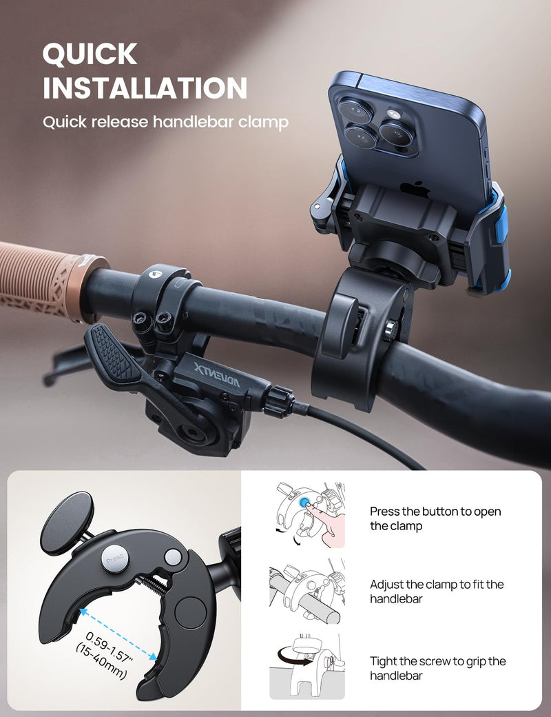 [AUSTRALIA] - Lamicall Motorcycle Phone Mount Holder - [Camera Friendly] [1s Lock] Bike Phone Holder Handlebar Clamp, Bicycle Scooter Phone Clip, for iPhone Air, 17, 16, 15 Pro Max, Galaxy S25, 4.7-7" Phones, Blue 