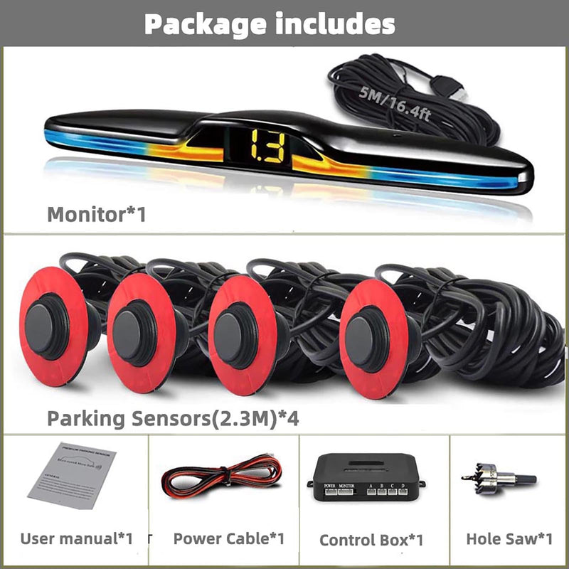 Car Parktronic Parking Built-in Plane Sensors Rear Reversing Radars System with 4 Sensors LED Light Distance Display Warning Buzzer Distance Detection Matte Black
