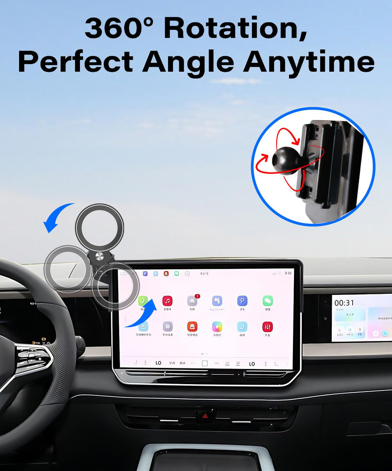 Car Phone Holder for 2025-2026 Volkswagen VW Tiguan 15" Screen Accessories | MagSafe Strong Magnets Clip-On Cell Phone Mount, 360° Rotatable Hands-Free Holder, Not Block Air Vents fit for 2025-2026 VW Tiguan (15 Inch Screen)