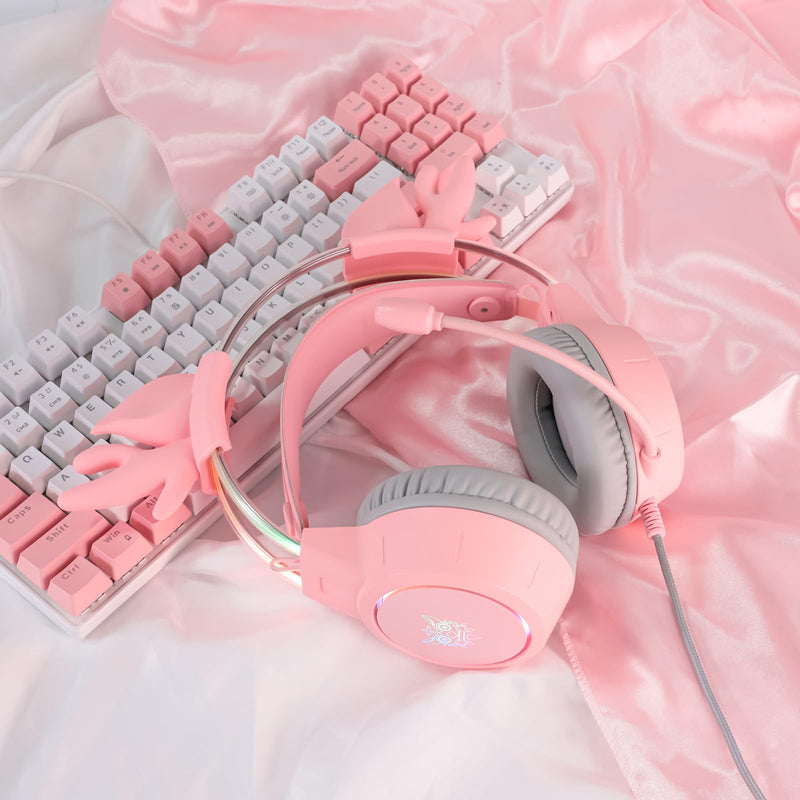 [AUSTRALIA] - Lightweight Gaming Headset with Detachable Deer Ears, RGB Lighting, Wired Over Ear Headphones with Mic for PC, PS4, PS5, Xbox, Switch, Stereo Surround Sound, Self-Adjusting Headband Pink Deer Ear 