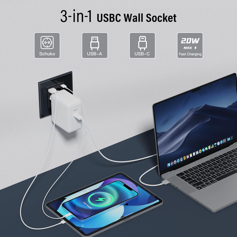 BSEED Glass Socket with 20 W USB C, Quick Charger Wall Socket, 3-in-1 Flush-Mounted Sockets, Easy Installation, 240 V 16 A, 86 mm Single Black 1-gang