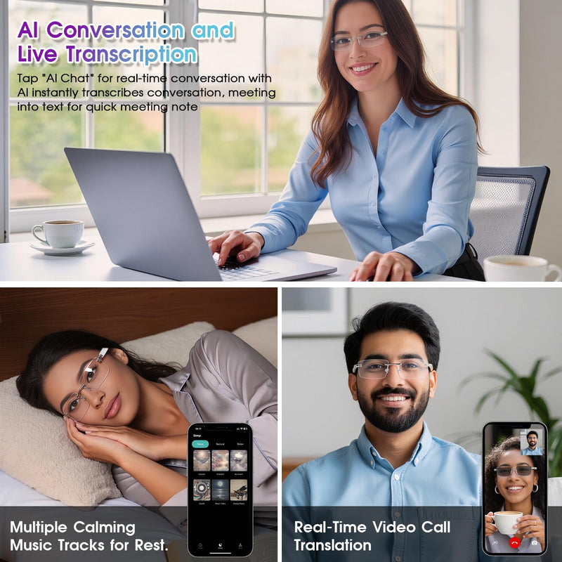 AI Translation Glasses with 164 Languages, Rimless Bluetooth Audio, Silver | 164-Language Real-Time Translation, Smart Speakers, Voice Assistant, Rimless Design for Travel, Work & Study
