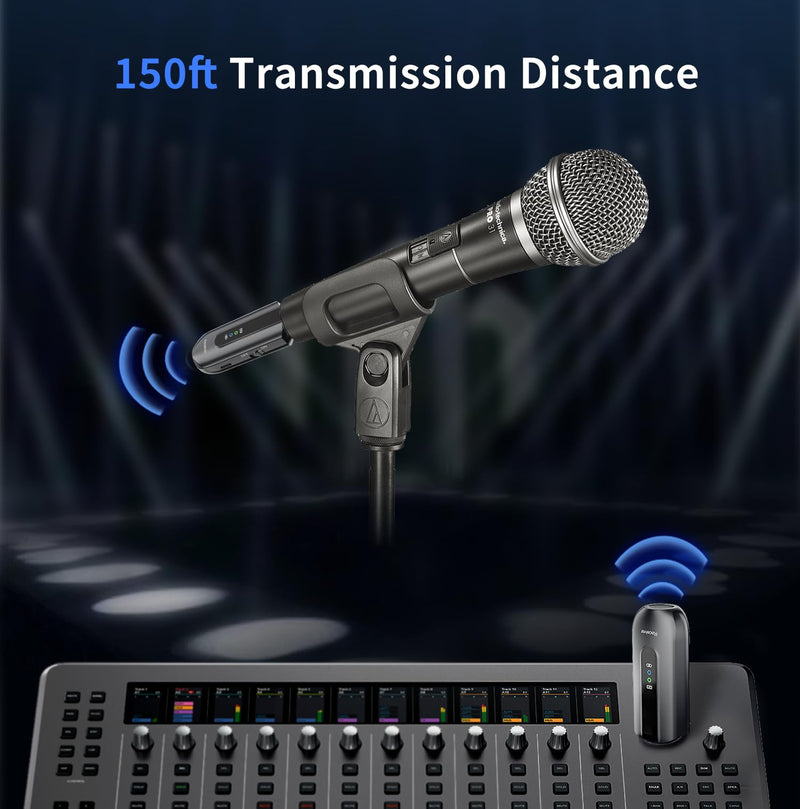 Wireless Microphone Transmitter Receiver 2.4GHz, Wireless Microphone Adapter Rechargeable XLR Transmitter Receiver for Mixer PA Speaker DSLR Camera, 48V Phantom Power for Condenser Mic Black