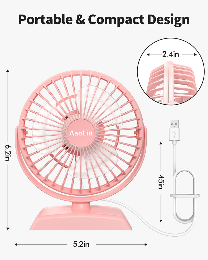 Desk Fan, USB Small Fans with 3 Speeds Strong Airflow, Quiet Portable, 360° Rotation Personal Table Fan for Home,Office, Bedroom Desktop Pink02