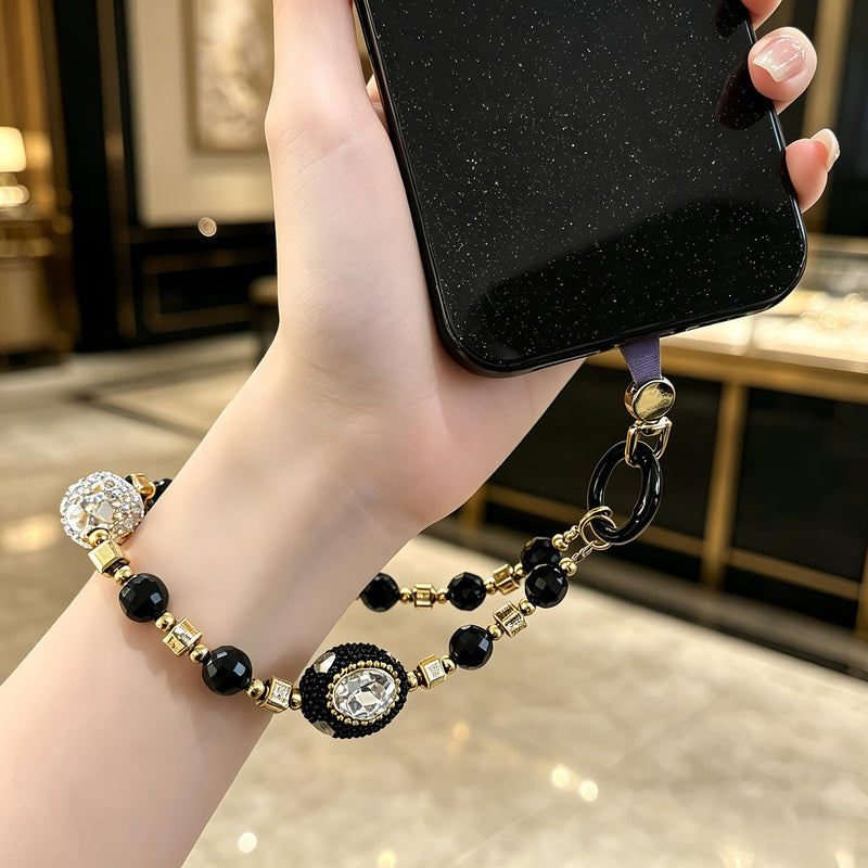 Luxury Beaded Phone Wrist Strap, Boho Rhinestone Phone Charm | Black Gold Glitter Crystal Diamond Phone Wristlet, Anti-Theft, Anti-Drop Short Strap, Hands-Free Phone Lanyard for Women