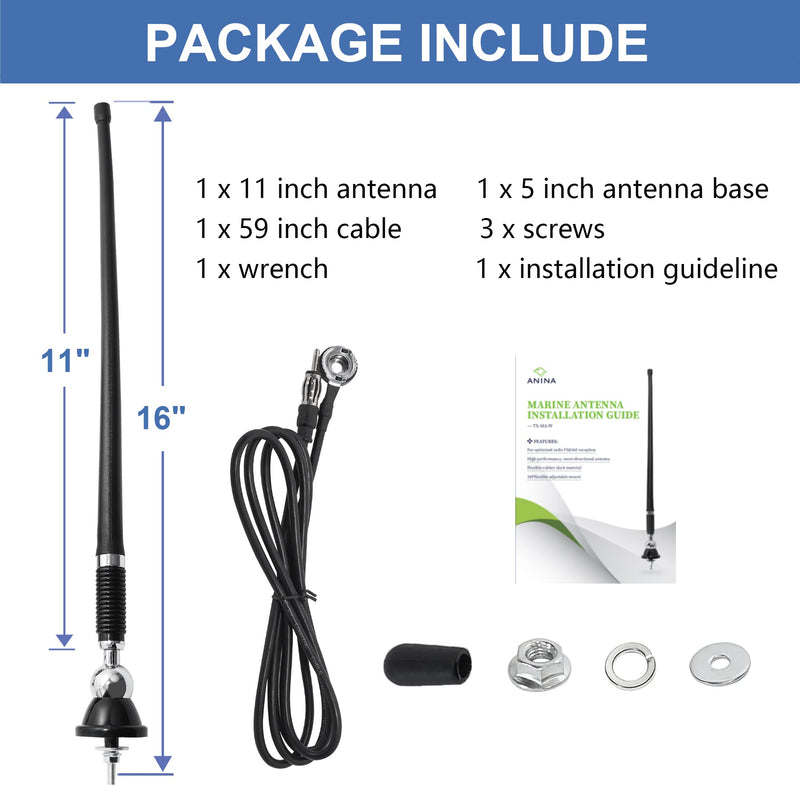 Anina 16 Inch Marine Radio Antenna for Pickup Truck Boat ATV UTV RV Motorcycle Tractor Top/Side Mount Rubber Duck Flexible Antenna Aerial Mast Optimized Radio FM/AM Reception (Black) Black
