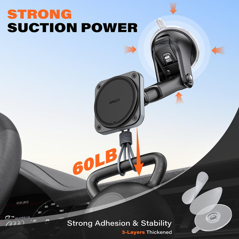 APPS2Car Magnetic Car Mount for MagSafe, Dashboard and Windshield Holder | With Telescopic Arm, Magnetic Phone Holder for Your Car, Designed for iPhone MagSafe Case Dark Black
