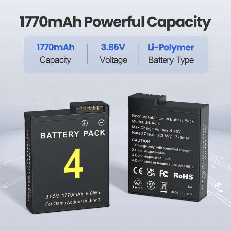3 Packs Replacement Batteries for DJI Osmo Action 4, Osmo Action 3, 1770mAh Rechargeable Battery Compatible with DJI Osmo Action 4 3 Accessories, with 3-Channel Battery Charger