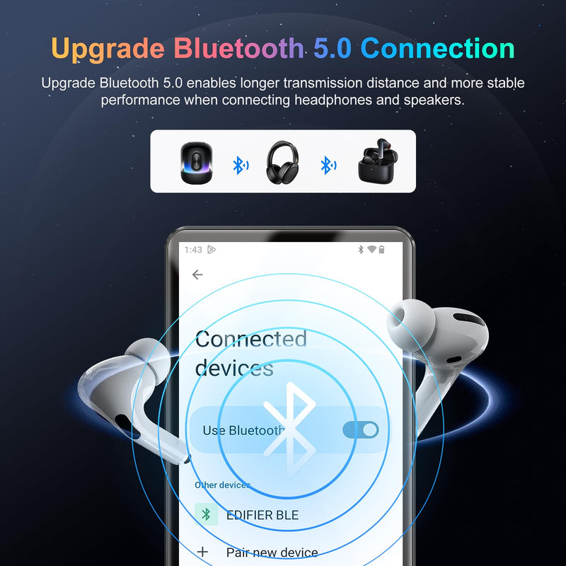 96GB MP3 Player with Bluetooth and WiFi, 4.0'' IPS Touch Screen MP4 Players, Android Music Player Built-in Speaker, Support Spotify, Amazon Music, Deezer, Audible, FM Radio, Expandable Up to 1TB black
