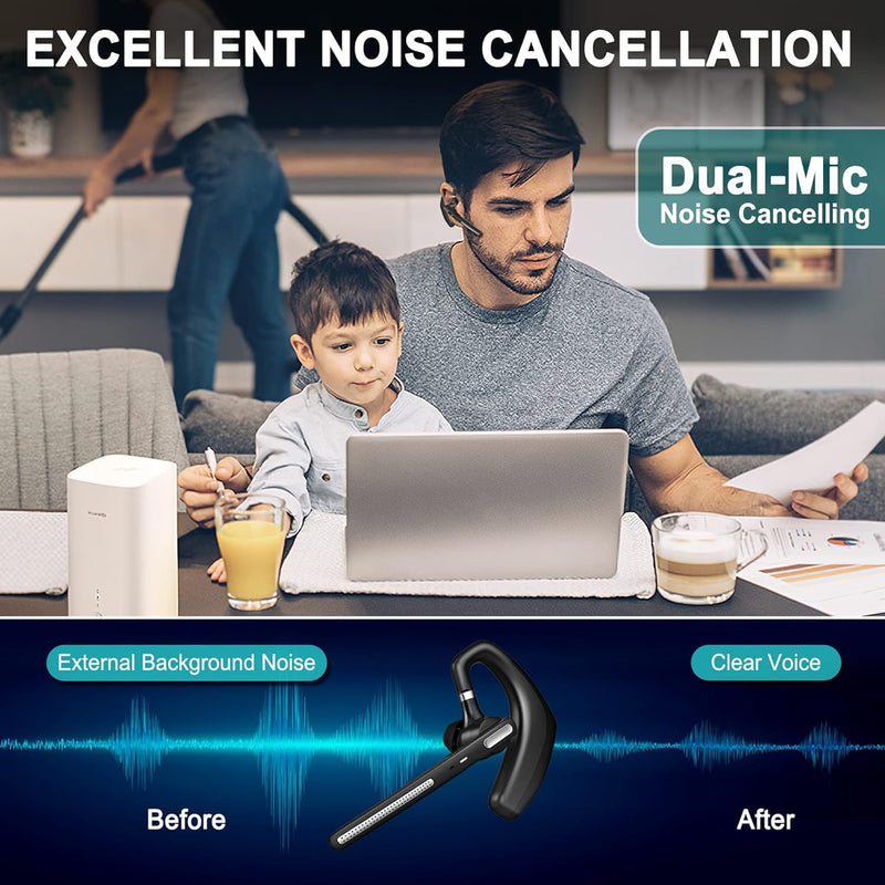 Bluetooth Headset ,Wireless bluetooth earpiece with ENC Noise Cancelling Mic, 110H Playback, Bluetooth 5.1 Dual Connectivity, Wireless Headphones Compatible iPhone/Android/PC (Office/Driving) Black