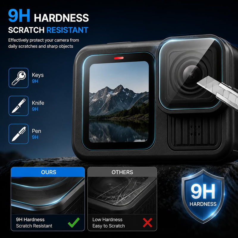 Screen Protector Compatible with GoPro Hero 13 Hero13 Black HD 9H Hardness | GoPro Hero 13 Screen Protector With 9H Tempered Glass[9 PCS], HD Clarity, 2.5D Edges, 3-pack Protection