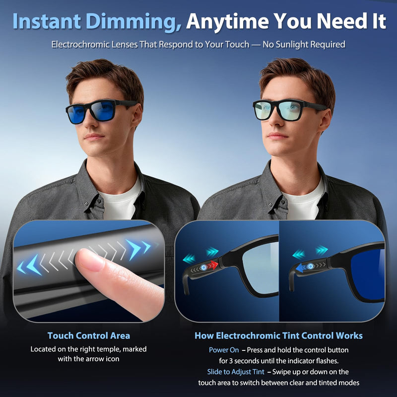 Smart Bluetooth Audio Glasses with Active Electrochromic Dimming, Hands-Free Calls & Music, AI Assistant & Productivity, Wearable Tech Glasses for Business/Travel/Sports, Ideal Gifts for Men Women
