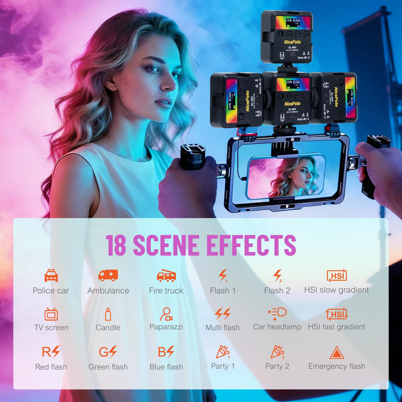 NiceFoto RGB Video Lights, 360° Full Color LED Video Light with 3 Cold Shoe Mounts, 2500K-9000K, CRI 96+, 18 Scene Modes, Magnetic RGB Camera Light for Vlog Filming, TikTok, Live, Photography