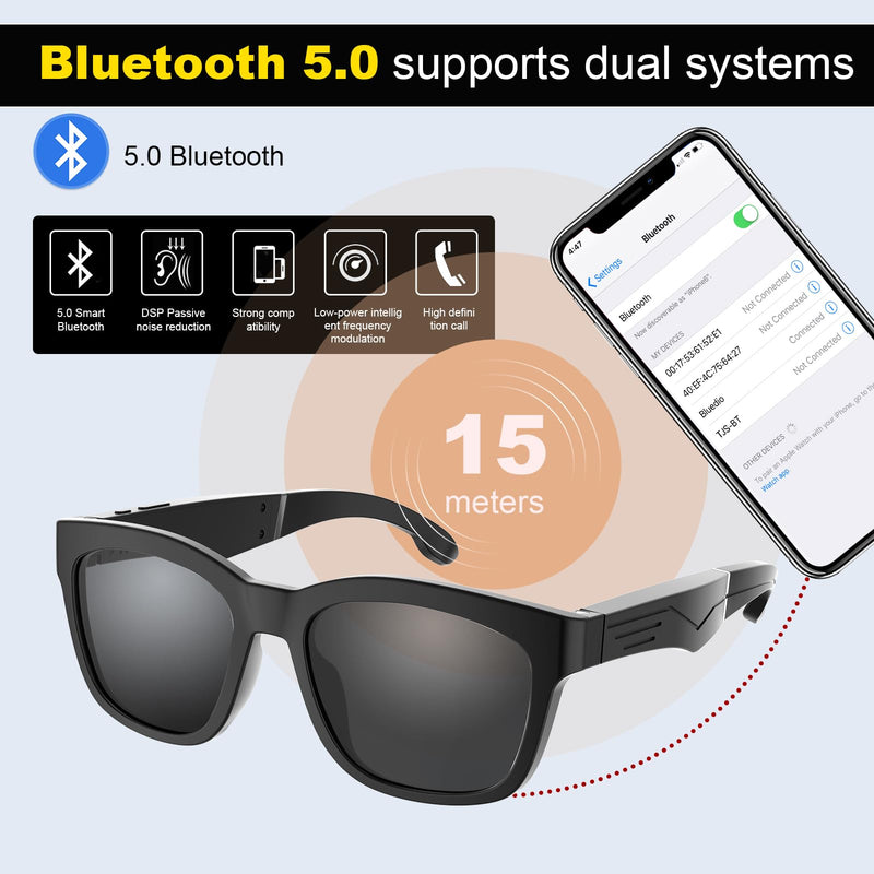 TnoxHD Smart Glasses, Bluetooth Sunglasses with Speakers, Wireless Audio Glasses for Men Women Black B