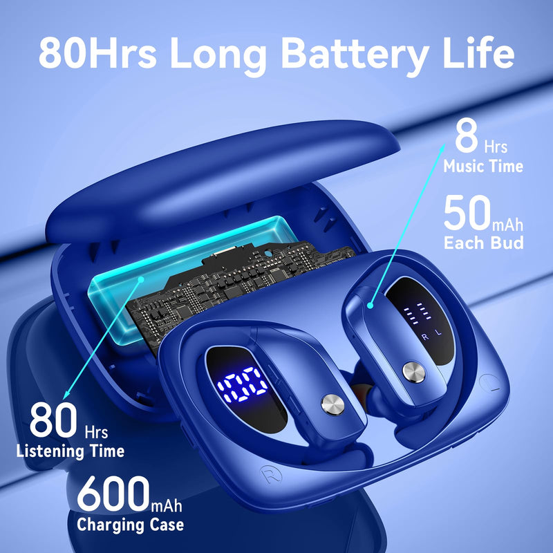 bmani Ear Buds Wireless Earbuds Bluetooth Headphones with 80H Playtime LED Display Case, Over-Ear Hook with Mic, Stereo Sound, Easy Button Controls, Sports Earphones for Running Workout Gym Blue AI Buds Pro