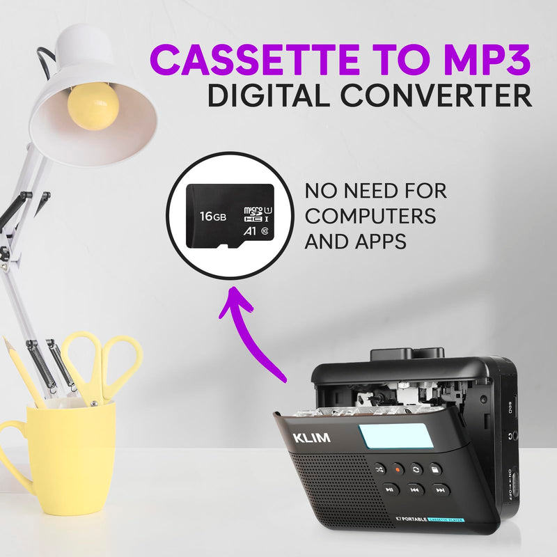 [AUSTRALIA] - KLIM K7 Cassette Tape Player with Fusion Earphones - Cassette to MP3 Converter - Portable - Built-in Microphone & Speaker - Rechargeable Battery - Earphones - 16GB SD Card - Black Black- Fusion White 