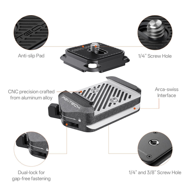 PGYTECH Quick Release Plate & Clamp V2, Arca Swiss Plate Camera Mount Adapter with 1/4" to 3/8" Screw Thread for Sony/Nikon/Fuji/Canon/DJI Switch Between Tripod/Monopod/Slider/Stabilizer Clamp & Plate V2
