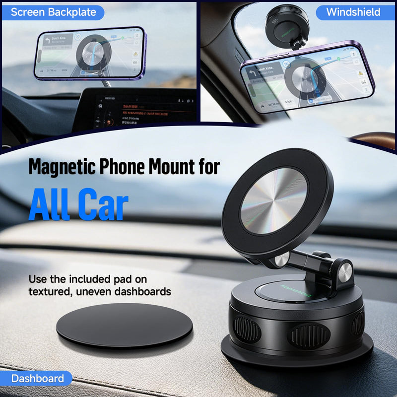 Magnetic Phone Holder for Car Dashboard Windshield Mount Strong Suction Cup | Car Mount for iPhone & Android, 20 N52 Ultra Strong Magnets, 360° Adjustable Foldable Heavy Duty Hands-Free Hot-Resistant