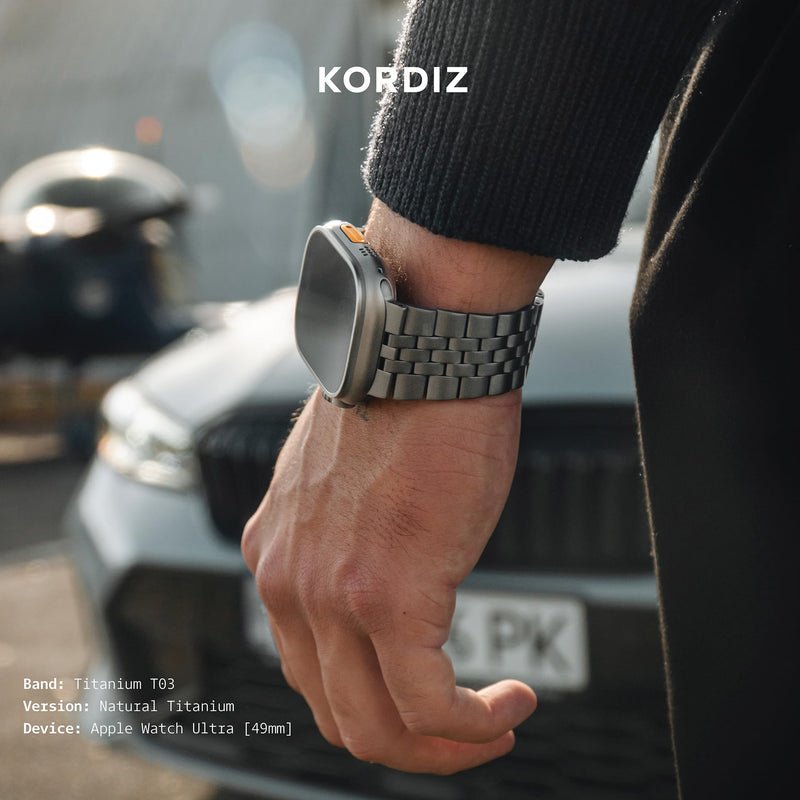 KORDIZ Titanium T03 Band for Apple Watch ULTRA 3 / ULTRA 2 / ULTRA (49mm) — Refined Iconic Design, Lightweight Grade 2 Titanium with Butterfly Clasp — Premium Luxury Bracelet for Men Natural Titanium