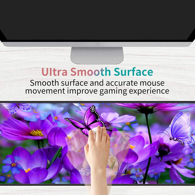 Luasao Desk Pad Mat Gaming Mouse Pads with Coasters, Stitched Edges Design Mouse Pad XXL Large Mouse Pad for Laptop Computers Purple Flowers and Butterflies Desk Writing Mat for Office & Home