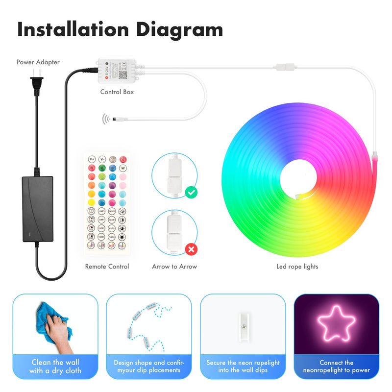 Neon Rope Lights, 16.4FT RGB LED Strip Lights App Control,IR Remote,Music Syncing,Outdoor IP67 Waterproof,Flexible DIY Design for Bedroom,Living,Gaming,Party Decoration