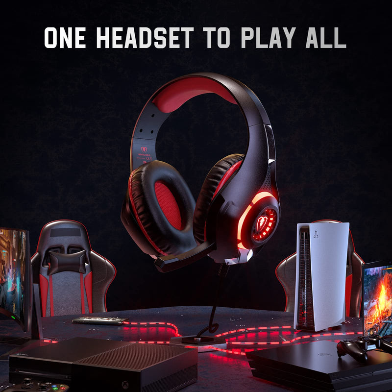 Gaming Headset for PS4 PS5 Xbox One Switch PC with Noise Canceling Mic, Deep Bass Stereo Sound (Black Red) Black Red