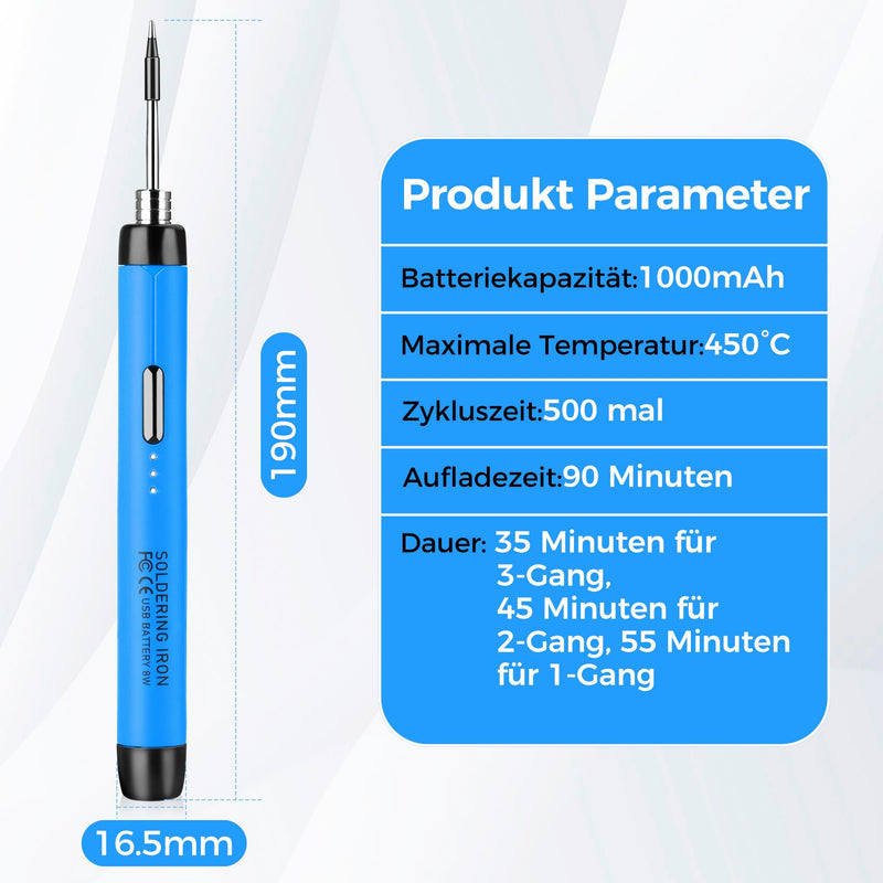 Wireless Soldering Iron Set - USB Soldering Iron with 3 Temperature Adjustable 300°C - 450°C, 3 Soldering Tips, Soldering Iron Stand, Soldering Wire, Soldering Paste, KKMOL Soldering Set for Repair of Blue