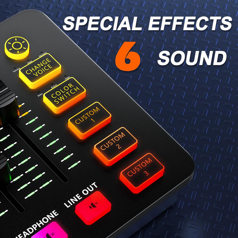 Streaming Audio Mixer, Arector All-in-One Gaming/Broadcasting Mixer with 48V Phantom Power,Mute Button,Volume Fader,XLR Microphone Interface, for PC,Live Streaming, Podcasting Recording