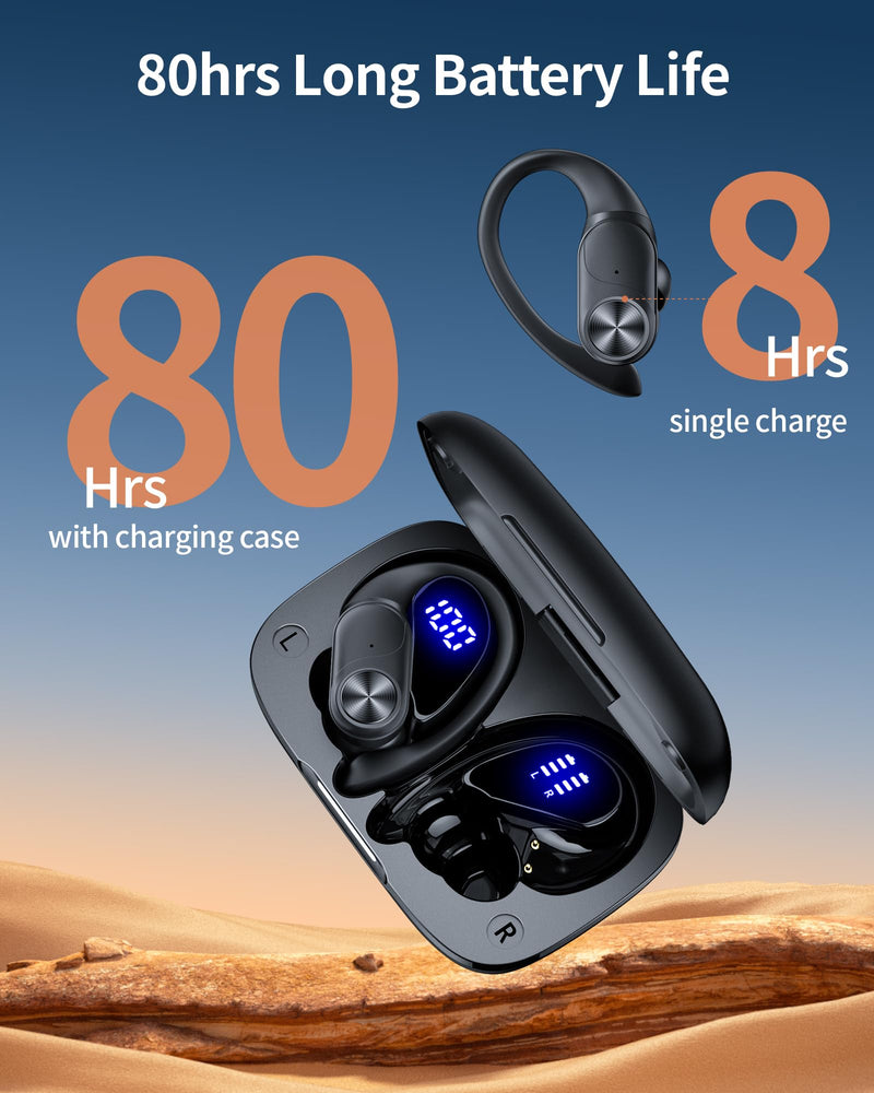 2 Sets Bluetooth Headphones Wireless Earbuds 80hrs Playtime Wireless Charging Case Sports Ear buds with Earhook Premium Deep Bass IPX7 Waterproof Over-Ear Earphones for Phone Laptop Black + Mint Green