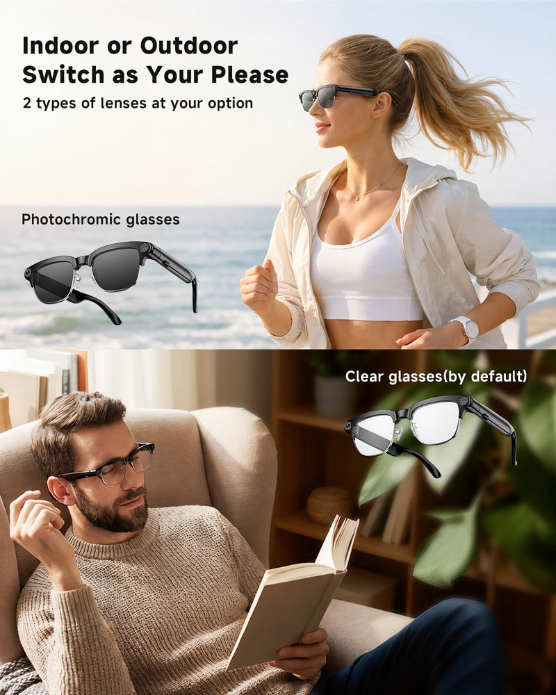 TOOBUR AI Smart Glasses with 8MP Camera, 1080P Anti-Shake HD Video, 2 Pairs of len, Real-Time Translation & Voice Assistant, Bluetooth Calls & Open-Ear Audio for Vlogging, Travel & Meetings