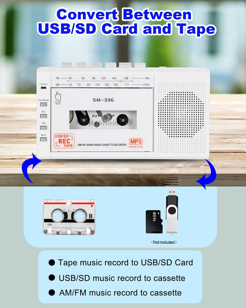 [AUSTRALIA] - Portable Cassette Tape Player to Digital Converter via USB/SD Card, Record to Cassette/U Disk/SD Card via Mic, Power by AC or AA Battery, Portable Cassette Recorder with Speaker and Headphone Jack White 