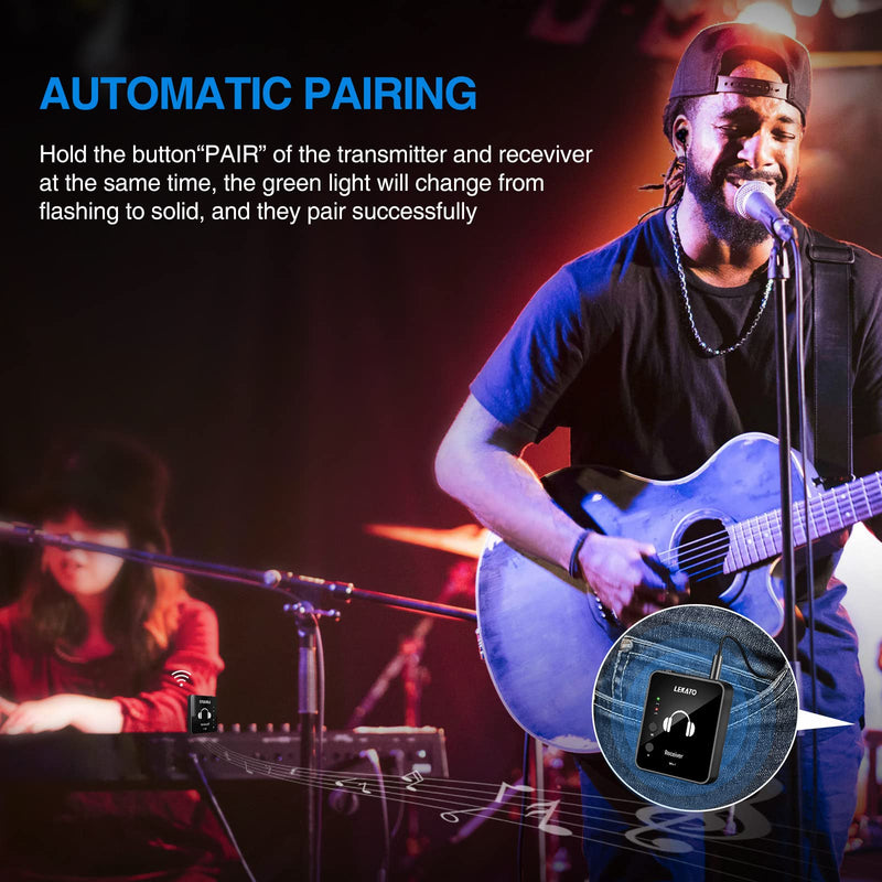 LEKATO Wireless in Ear Monitor System 2.4GHz, Stereo in-Ear Monitoring with Transmitter Receiver Clip-On, One to Many, Auto-Pairing, Wireless IEM for Band Rehearsal,Studio, Church,Small Gigs(MS-1) Black